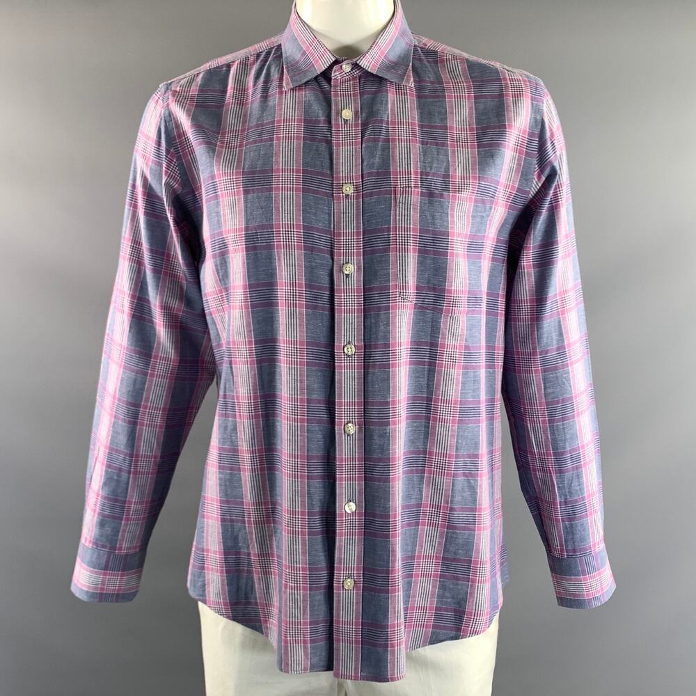 CHARLES TYRWHITT Size L Pink Blue & Purple Plaid Cotton Linen Long Sleeve Shirt